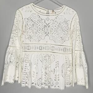 SPELL XS Womens White Clover Lace Blouse Semi Sheer Lattice Trim Coquette